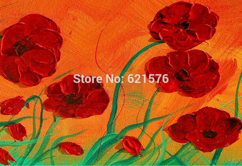 hand-painted modern wind red green corn poppy flower wall art picture home decor abstract palette knife oil painting on canvas