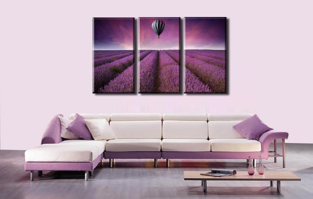 purple lavender garden and a air balloon 3 panels/set hd picture canvas print painting artwork decorative painting