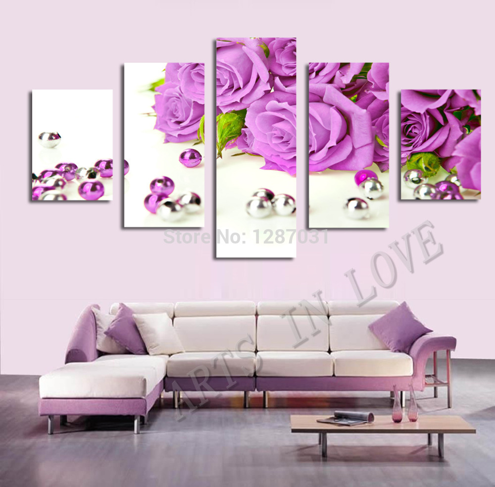 purple roses, 5 panels/set picture hd canvas print painting artwork, wall decorative painting gift