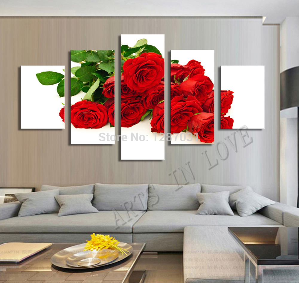 romantic red roses, 5 panels/set hd canvas print painting artwork, wall decorative painting h00239d-n
