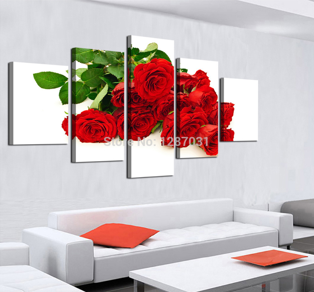 romantic red roses, 5 panels/set hd canvas print painting artwork, wall decorative painting h00239d-n