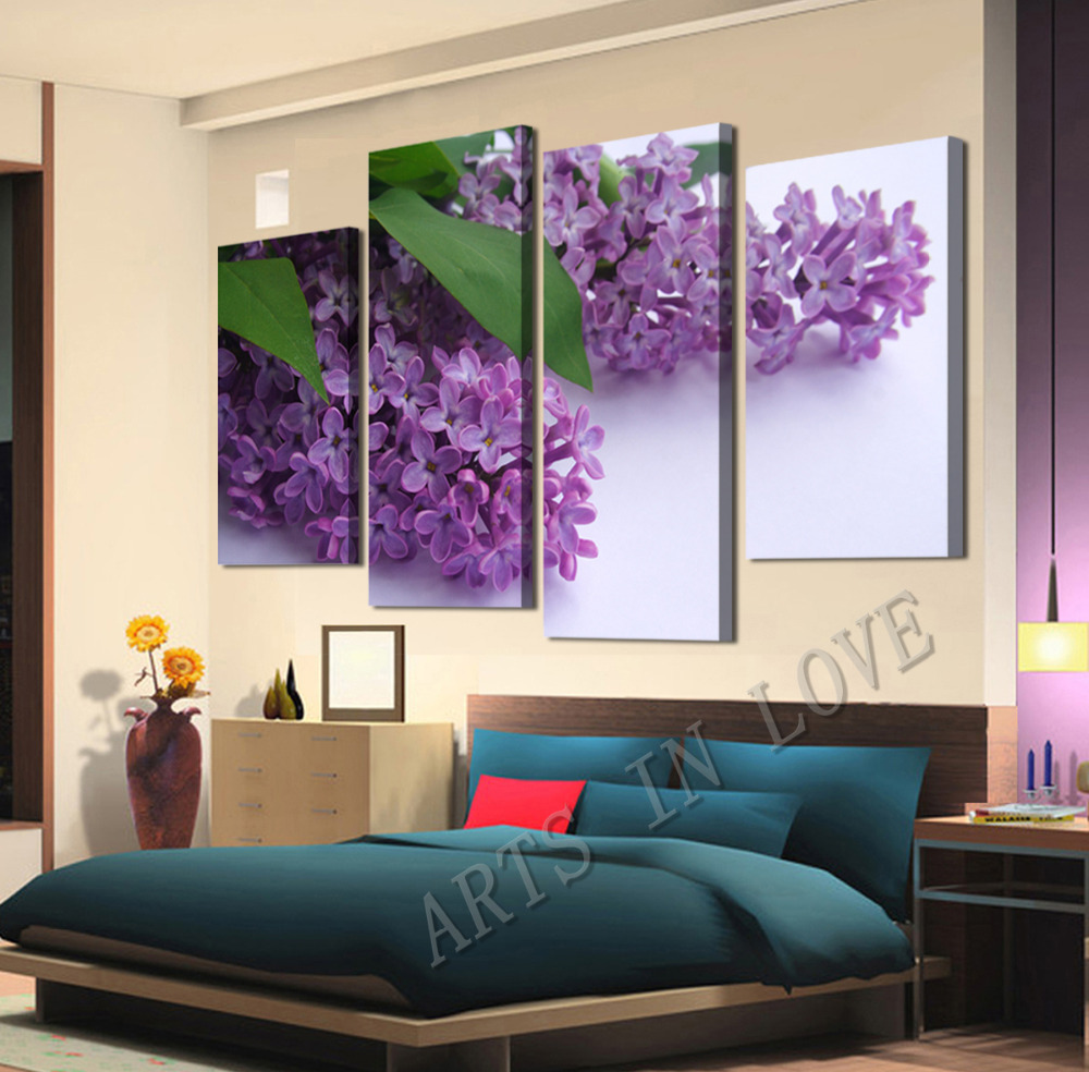 shopping beautiful purple flowers 4 panels/set large hd canvas print painting artwork, wall art the picture.