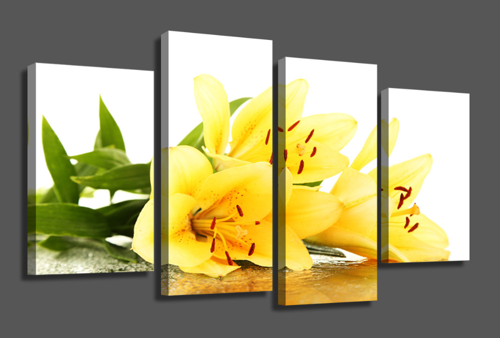 shopping the beautiful yellow lilies 4 panels/set hd canvas print painting artwork, wall art the picture.