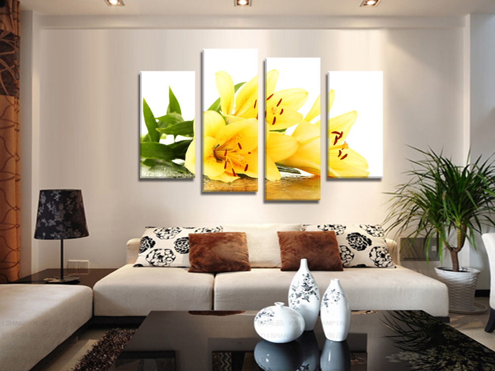 shopping the beautiful yellow lilies 4 panels/set hd canvas print painting artwork, wall art the picture.