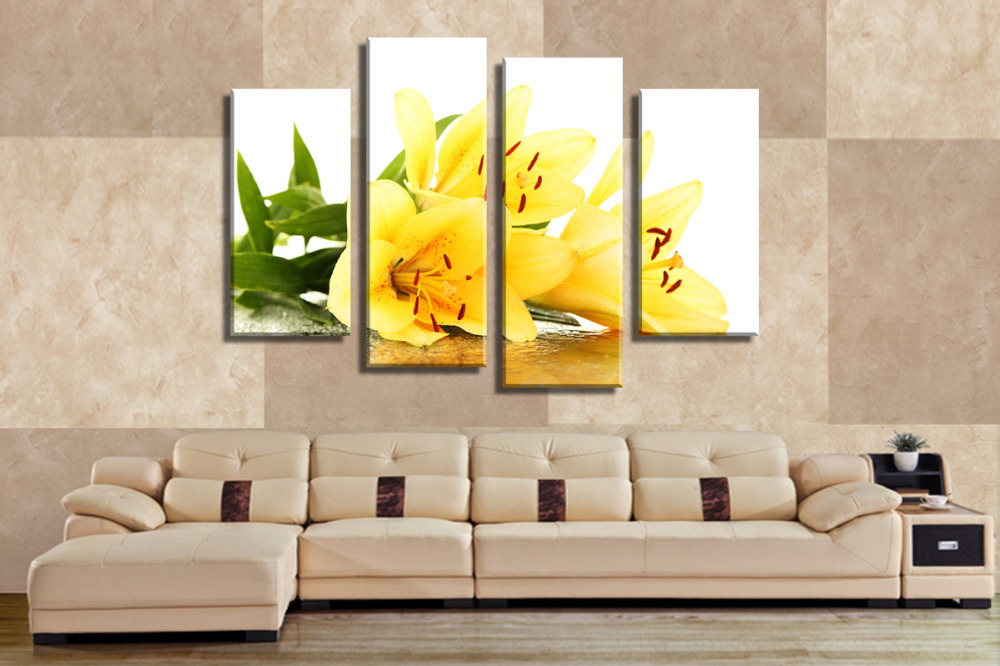 shopping the beautiful yellow lilies 4 panels/set hd canvas print painting artwork, wall art the picture.