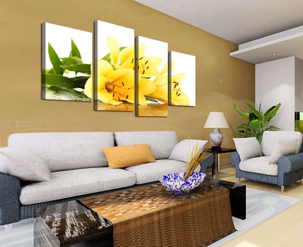 shopping the beautiful yellow lilies 4 panels/set hd canvas print painting artwork, wall art the picture.