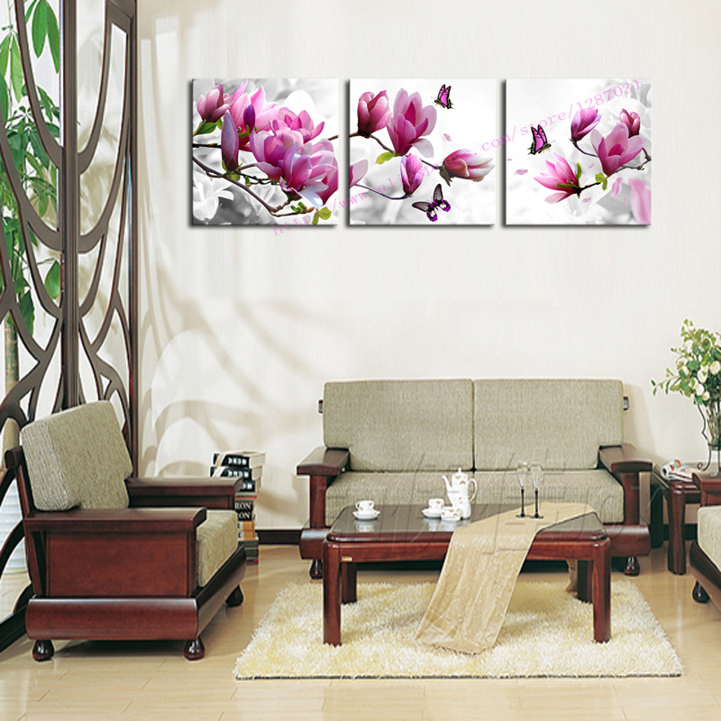 unframed 3 panels abstract modern wall painting purple pink flower home decorative art picture paint on canvas prints