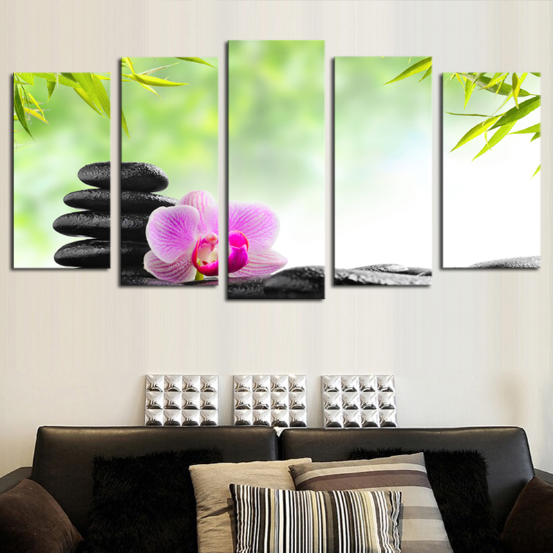 unframed 5 panels black stone flowers picture canvas print painting artwork wall art canvas painting whole for home decor