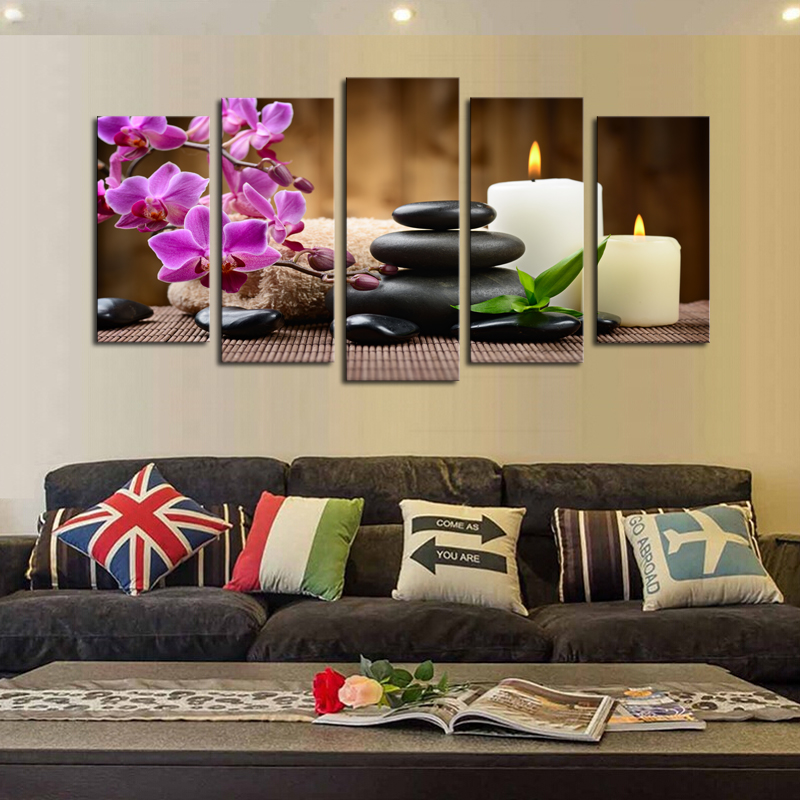unframed 5 panels purple flowers candle picture canvas print painting artwork wall art canvas painting whole for home decor