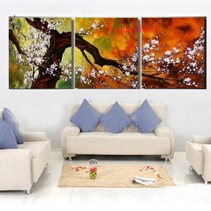 3 panel modern wall painting flower home art picture painted on canvas handmade tree art plum blossom on canvas