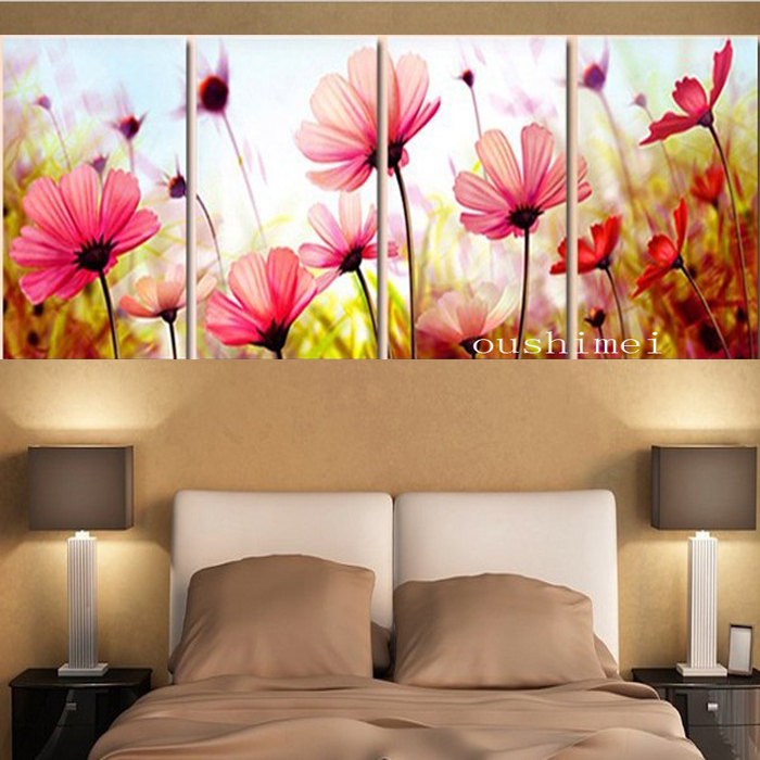 4 pieces modern wall oil painting romantic pink flower wall art picture paint on canvas handmade osm416