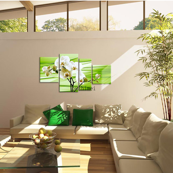 hand-painted wall art modern landscape green oil painting white flower pictures on canvas 4p canvas pictures for living room