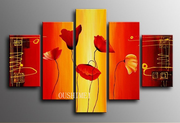 hand painted waving red lotus sun abstract landscape wall home decor oil painting on canvas 5pcs/set mixorde no framed flower