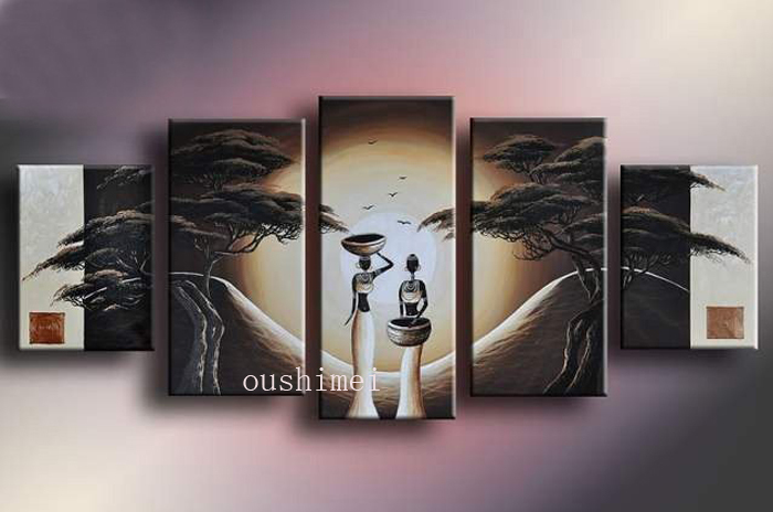 hand painted african tribe sunrise bird abstract landscape wall home decor oil painting on canvas 5pcs/set mixorde noframed