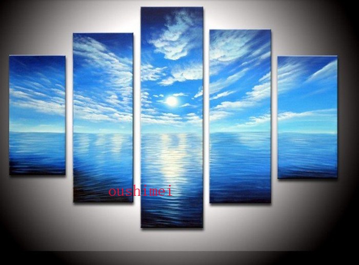 hand painted blue sky white clouds blue ocean landscape oil painting on canvas 5pcs/set mixorde modern seascape paintings