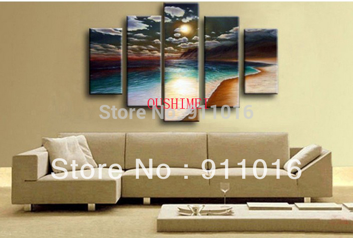 hand-painted artwork the yellow beach high q. wall decor landscape oil painting on canvas 5pcs/set mixorde no framed seascape