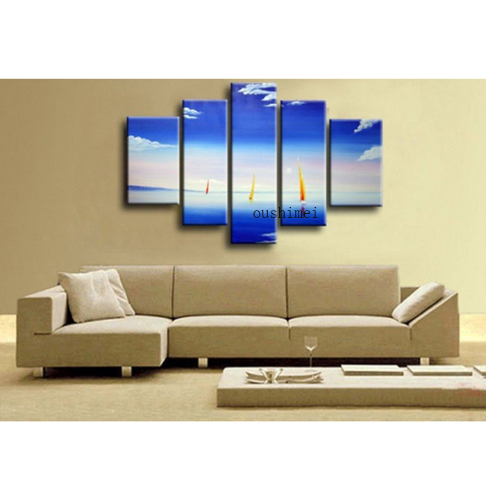 hand painted landscape group of boat oil painting on canvas 5p modern seascape paintings bule picture for living room wall decor