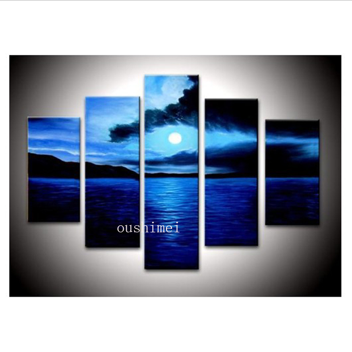 hand pianted 5pcs/lot landscape on canvas oil painting blue seascape painting for living room bedroom wall decor