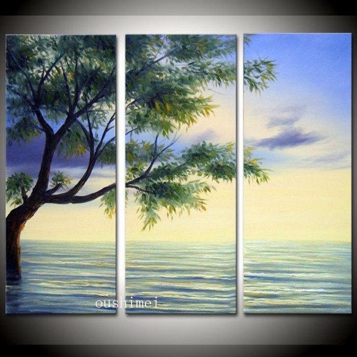 handpainted 3pcs modern landscape oil painting on canvas wall art seascape tree picture for living room as unique gift