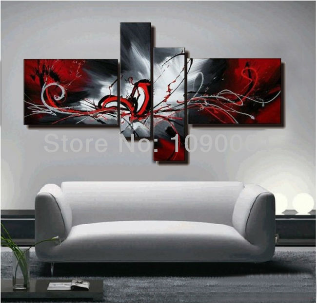 Hand Painted Abstract Canvas Painting Oil Black White And Red Wall Art No Framed 4 Panels Decoration Home Modern Fashion Picture Hot Discount Painting Unframed 13612