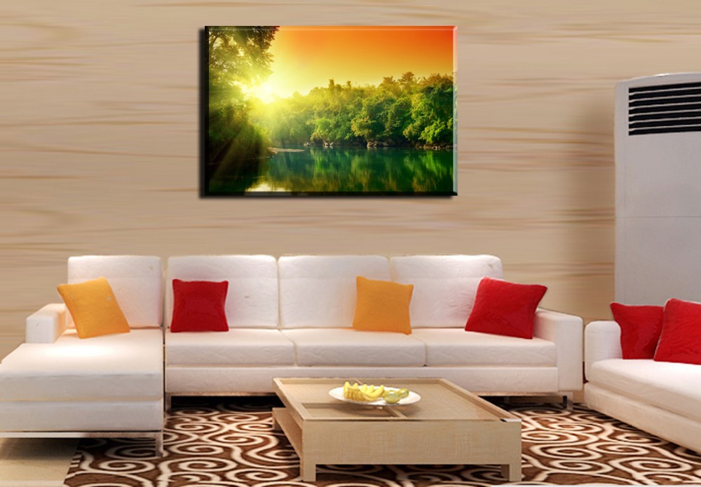 early morning sunshine and beautiful green lake ,1 panel/set hd canvas print painting artwork,, decorative painting s00551d-n