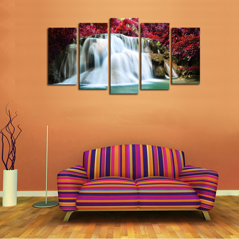 (no frame) panels red trees waterfall view picture canvas print painting artwork wall art canvas painting for home decor