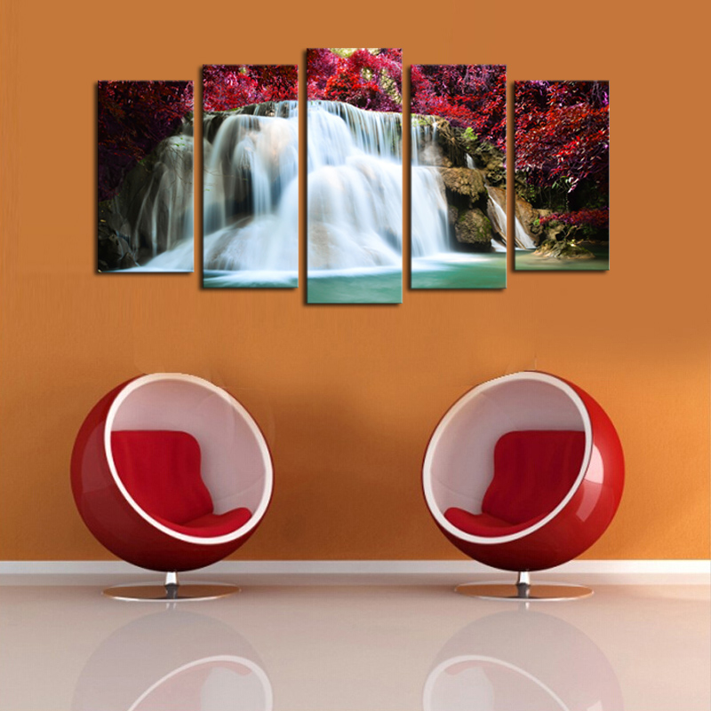 (no frame) panels red trees waterfall view picture canvas print painting artwork wall art canvas painting for home decor