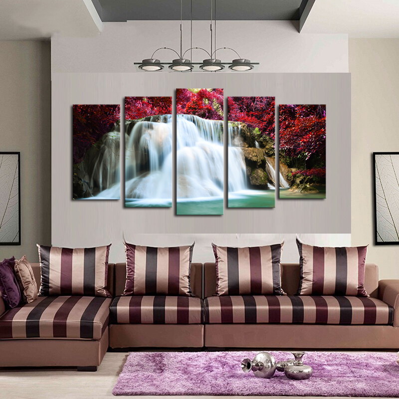 (no frame) panels red trees waterfall view picture canvas print painting artwork wall art canvas painting for home decor