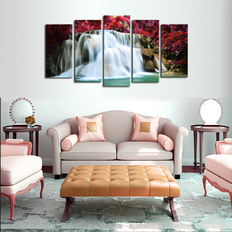 (no frame) panels red trees waterfall view picture canvas print painting artwork wall art canvas painting for home decor