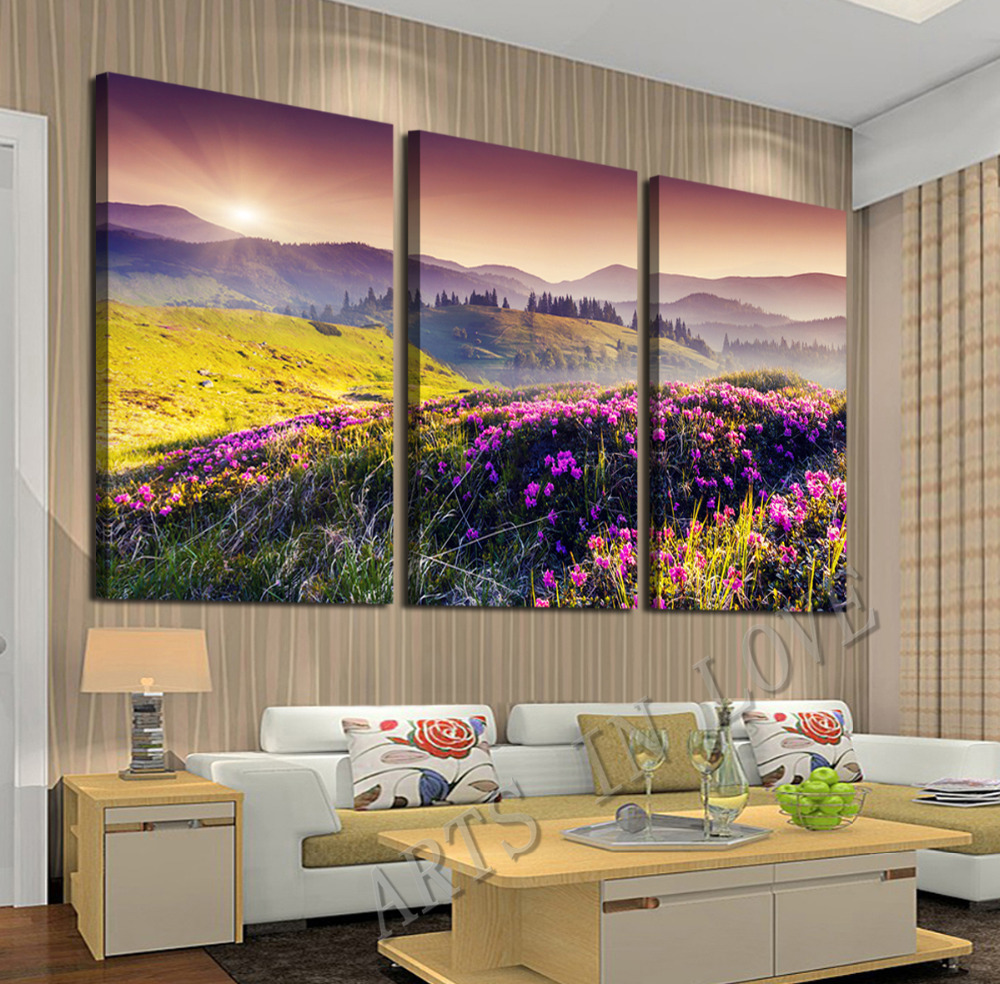 3 pcs yellow grass purple flowers setting sun and mountains lager art hd picture canvas print painting wall decorative unframed