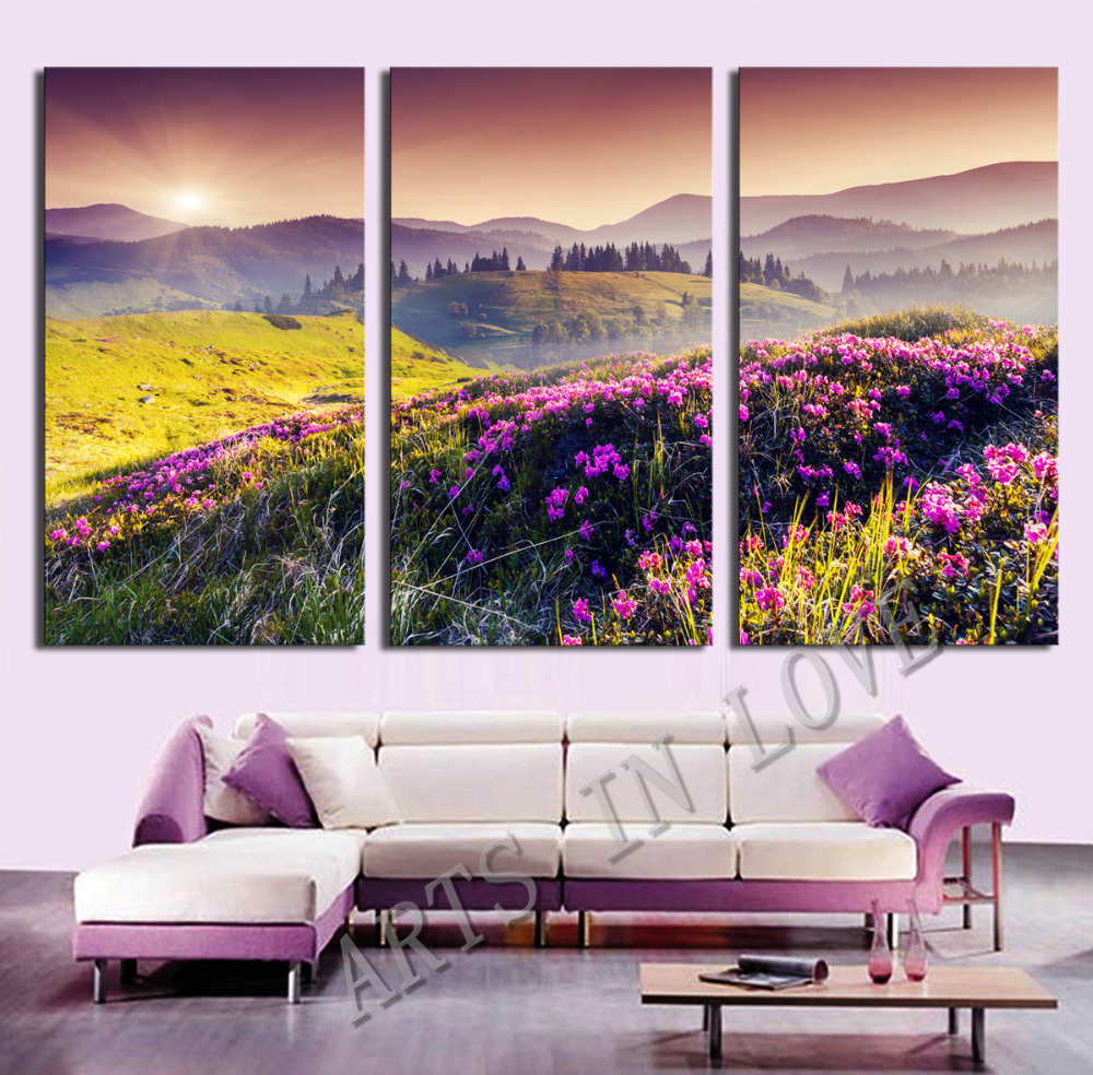 3 pcs yellow grass purple flowers setting sun and mountains lager art hd picture canvas print painting wall decorative unframed