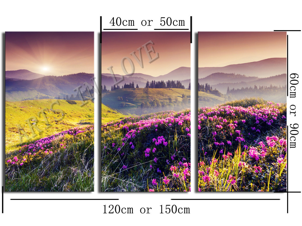 3 pcs yellow grass purple flowers setting sun and mountains lager art hd picture canvas print painting wall decorative unframed