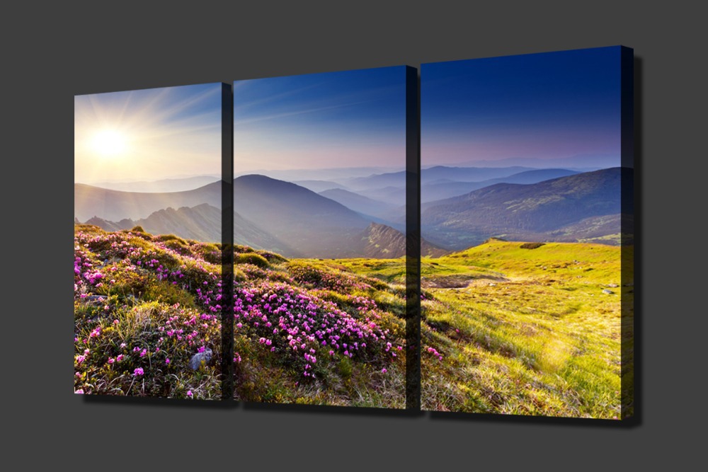 flowers, sun and mountains 3 panels picture canvas print painting wall decorative painting