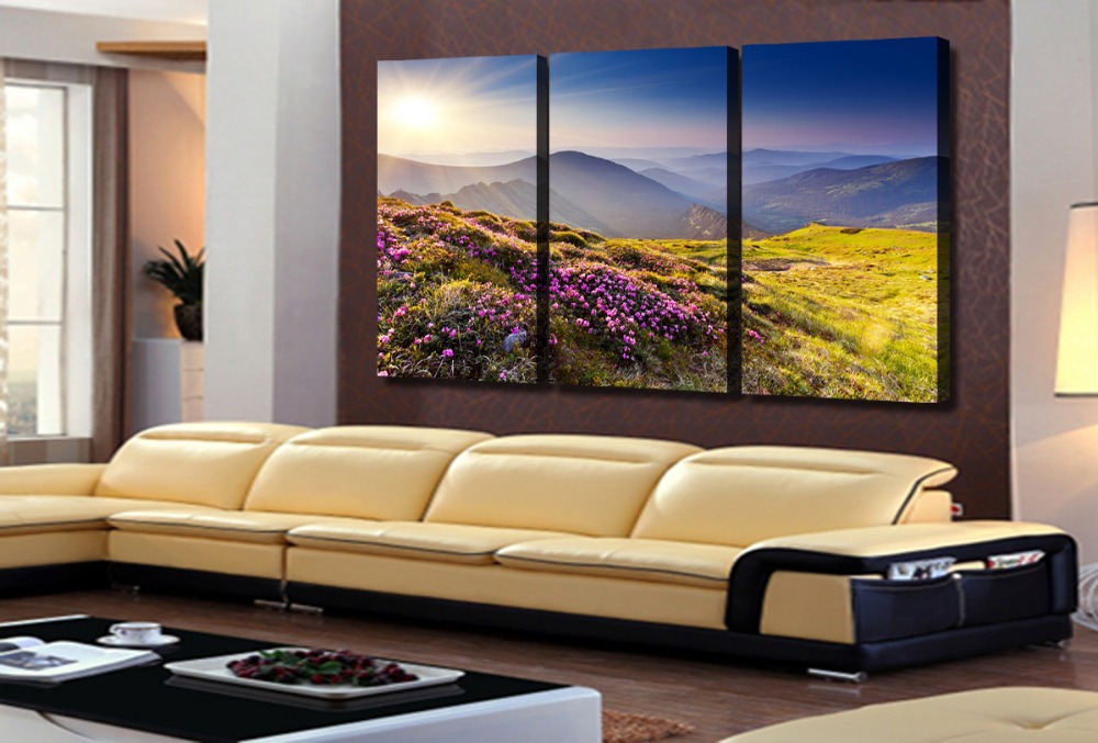 flowers, sun and mountains 3 panels picture canvas print painting wall decorative painting