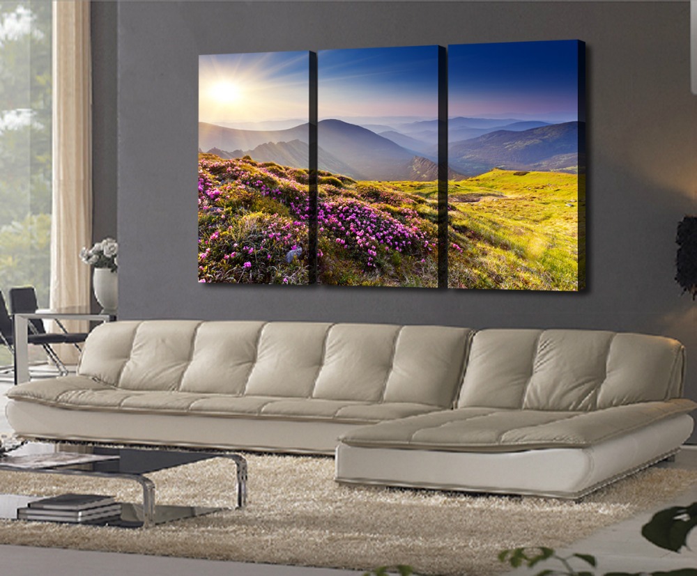 flowers, sun and mountains 3 panels picture canvas print painting wall decorative painting