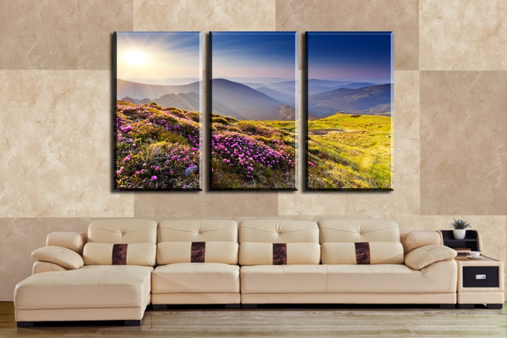 flowers, sun and mountains 3 panels picture canvas print painting wall decorative painting