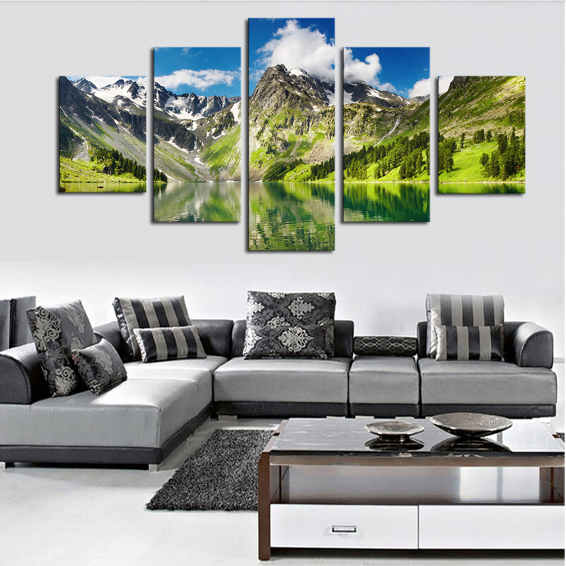 (no frame)5 pcs white cloud snowy green lake yellow mountain home wall decor canvas picture art hd print painting set of 5 each