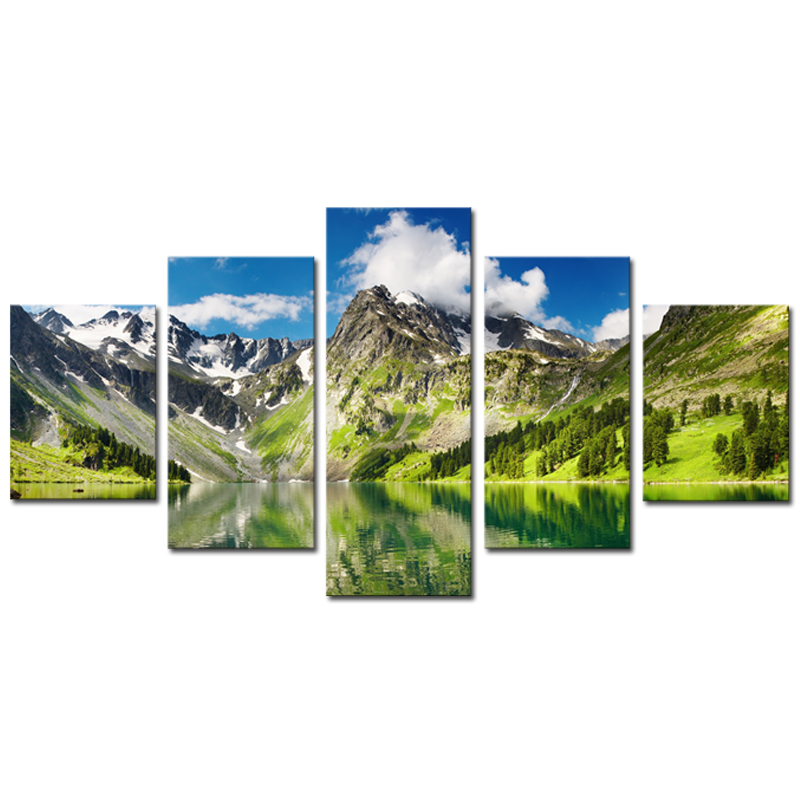 (no frame)5 pcs white cloud snowy green lake yellow mountain home wall decor canvas picture art hd print painting set of 5 each