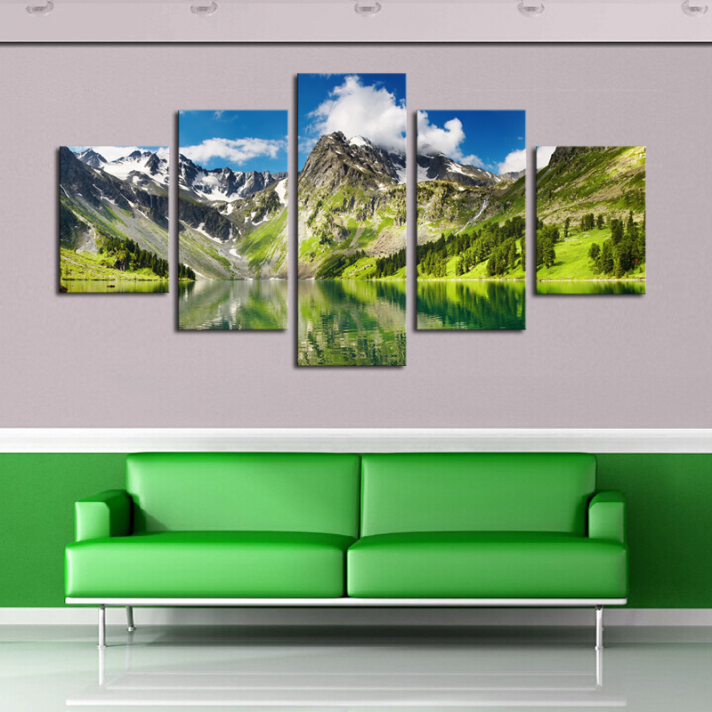 (no frame)5 pcs white cloud snowy green lake yellow mountain home wall decor canvas picture art hd print painting set of 5 each