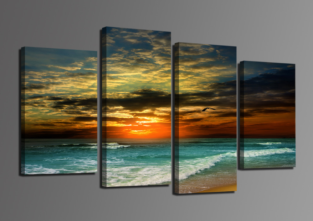 shopping evening sea 4 panels/set hd canvas print painting artwork, sell modern decorative painting of living room