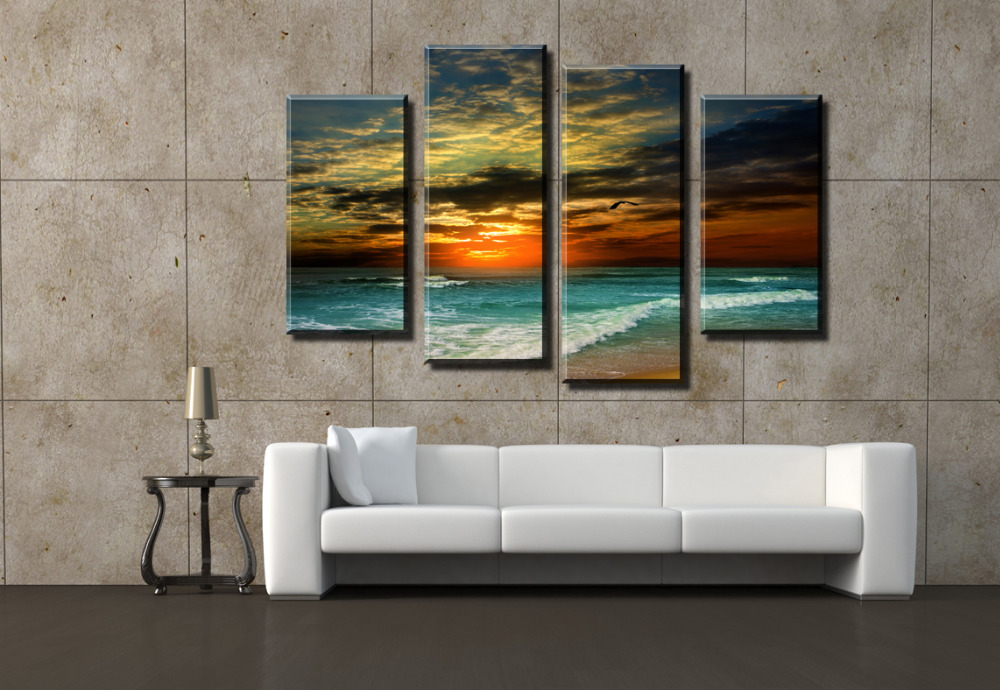 shopping evening sea 4 panels/set hd canvas print painting artwork, sell modern decorative painting of living room