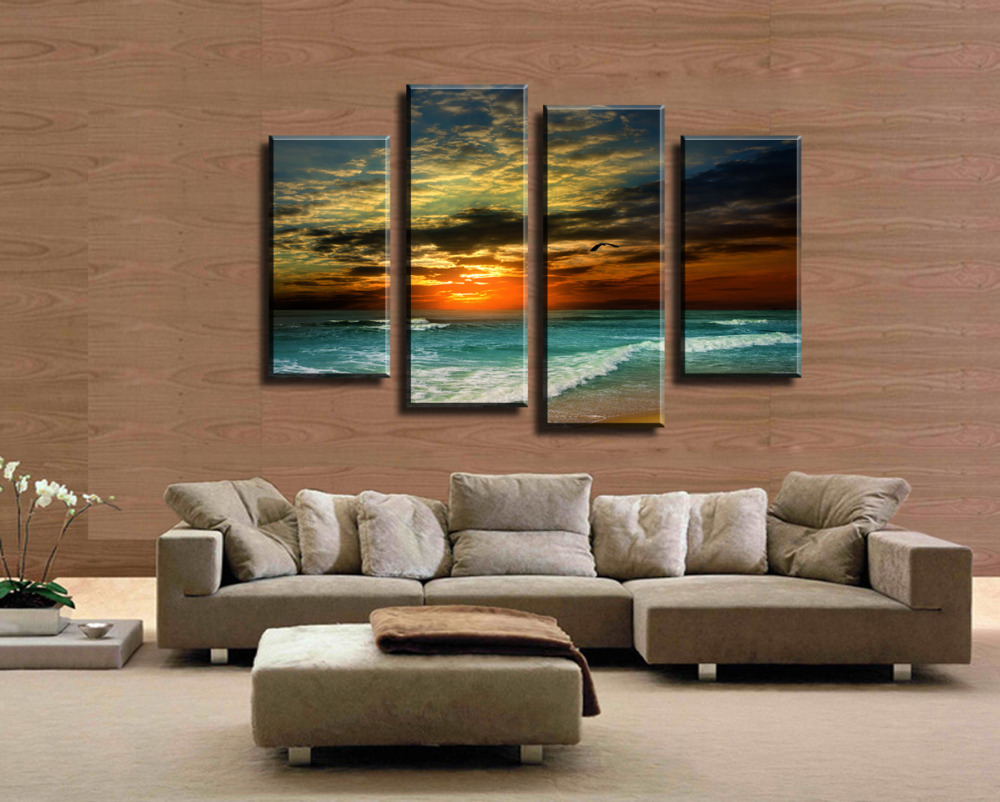 shopping evening sea 4 panels/set hd canvas print painting artwork, sell modern decorative painting of living room