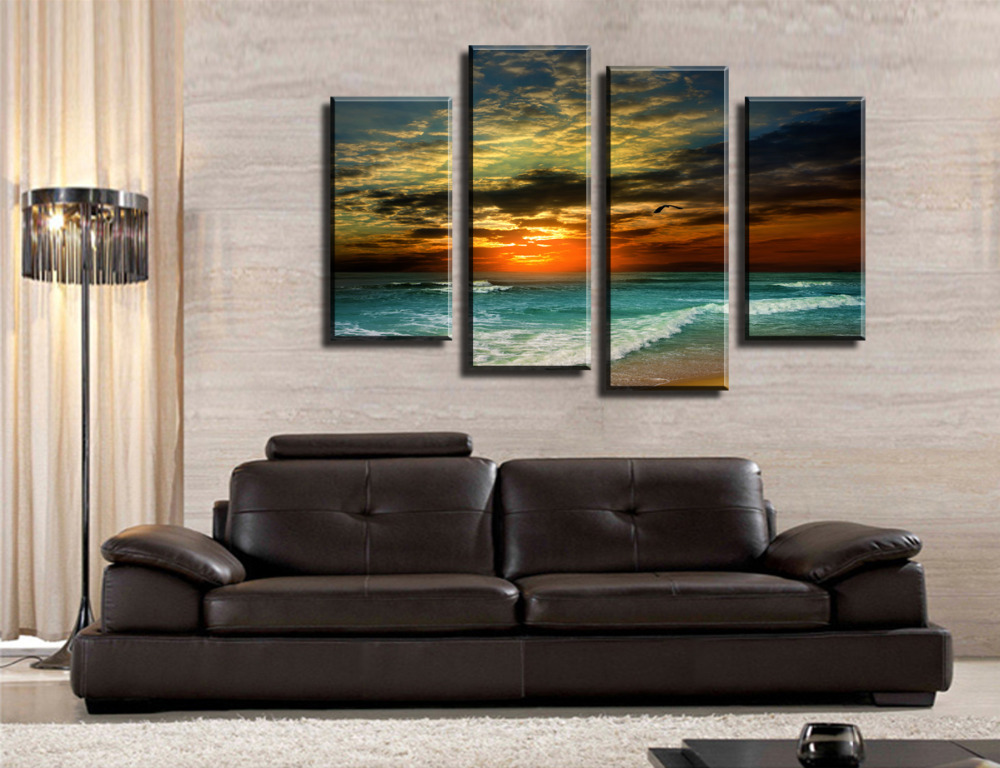 shopping evening sea 4 panels/set hd canvas print painting artwork, sell modern decorative painting of living room