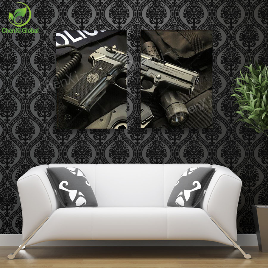 2 panel new modern gun painting pictures pistol painting canvas art wall picture for living room prints unframed wedding