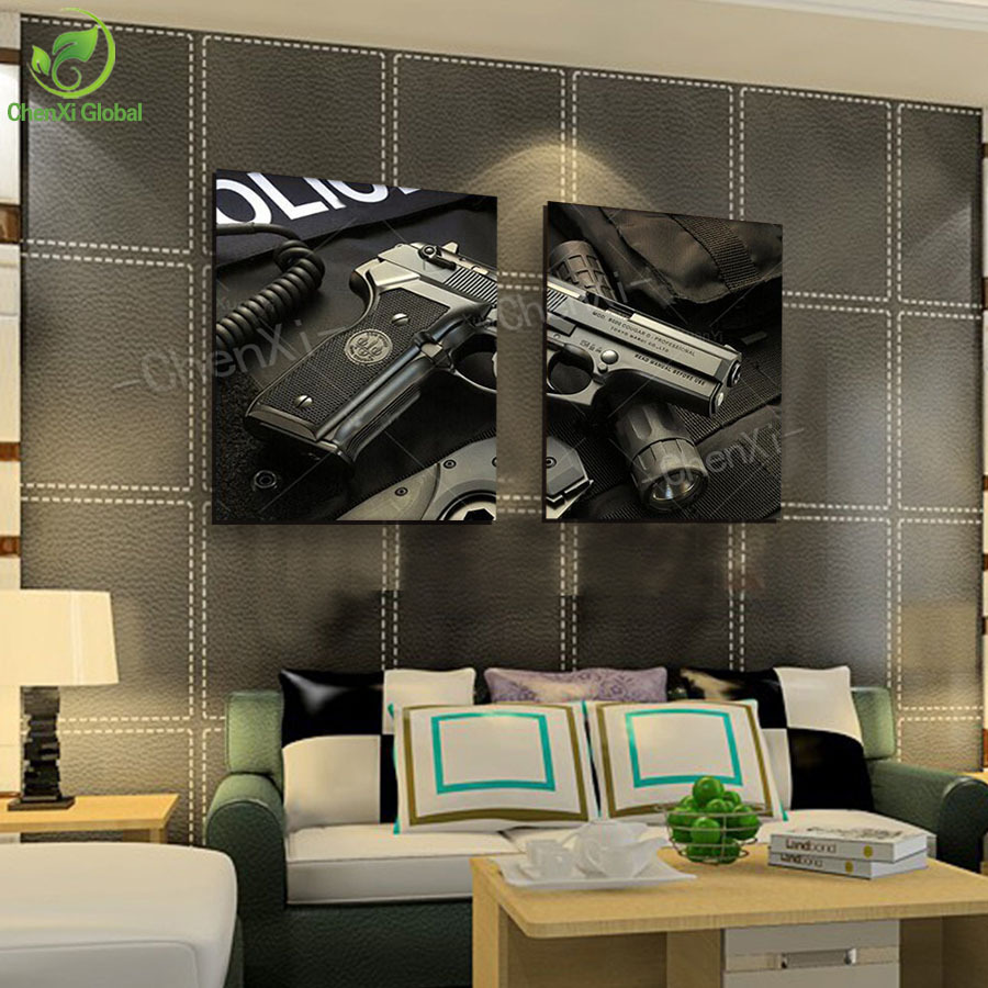 2 panel new modern gun painting pictures pistol painting canvas art wall picture for living room prints unframed wedding