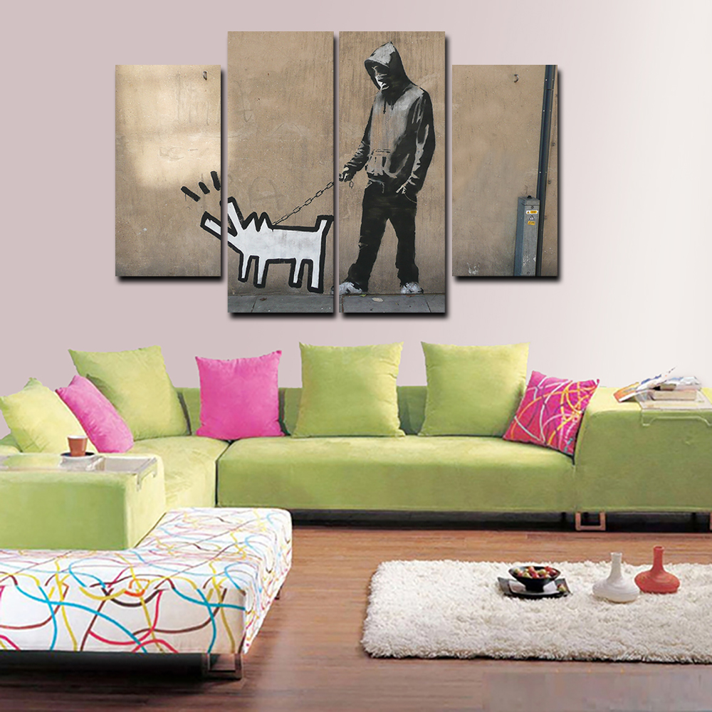 2015 4 pcs banksy cute dog wall art picture modern home decoration living room or bedroom canvas print painting wall picture