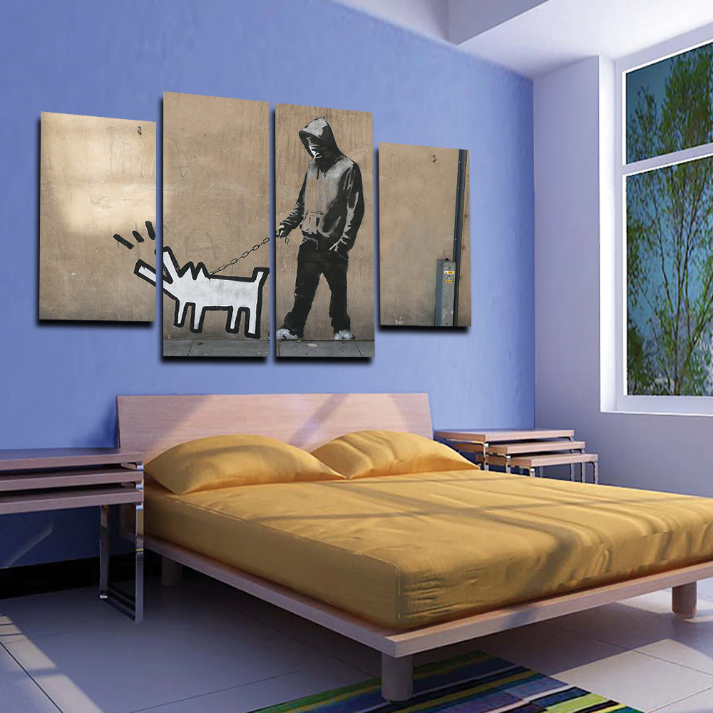 2015 4 pcs banksy cute dog wall art picture modern home decoration living room or bedroom canvas print painting wall picture