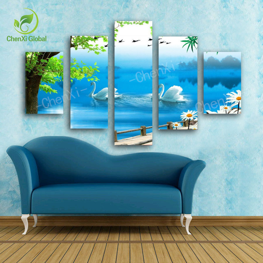 2015 multi combination modern spray painting swan lake landscape oil canvas art painting picture cuadros rectangle unframed