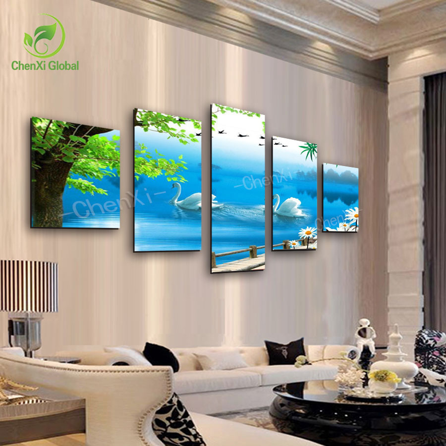 2015 multi combination modern spray painting swan lake landscape oil canvas art painting picture cuadros rectangle unframed