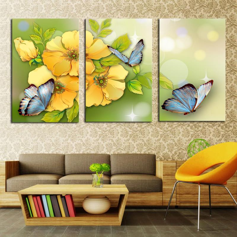 3 piece yellow flower and butterfly modern home wall wedding decor canvas picture art hd print painting on canvas arts unframed